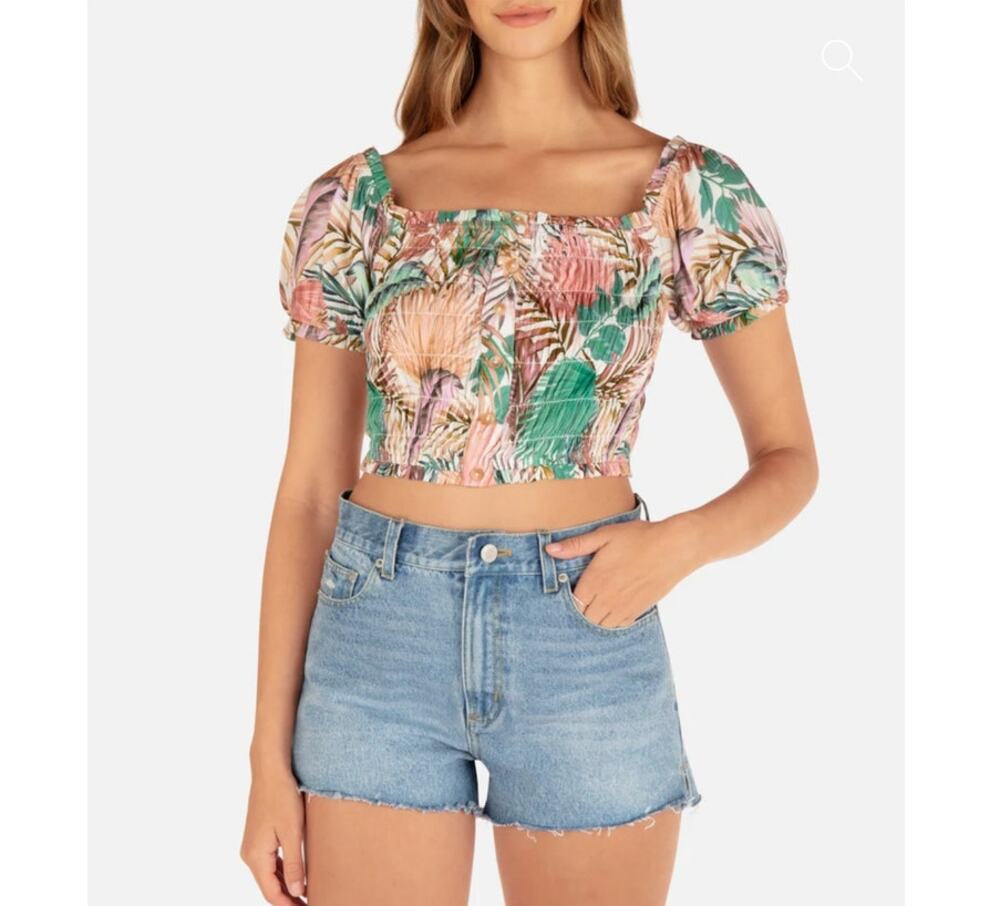 NWT Hurley XL Palmetto Sunset Crop Top, Tropical Print, Puff Sleeves Elastic Hem
